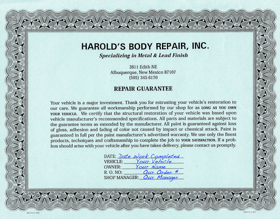 Warranty of Harold's Body Repair and Collision Restoration in Albuquerque